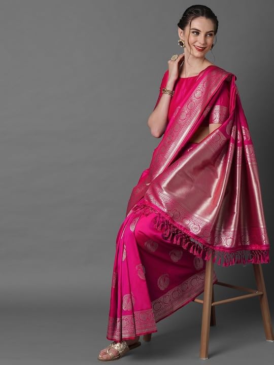Leriya Fashion Women's Present Banarasi Soft Lichi Silk Saree | Jacquard Rich Pallu Design | Golden Saree For Women | Cotton Silk Saree For Women (Pink)