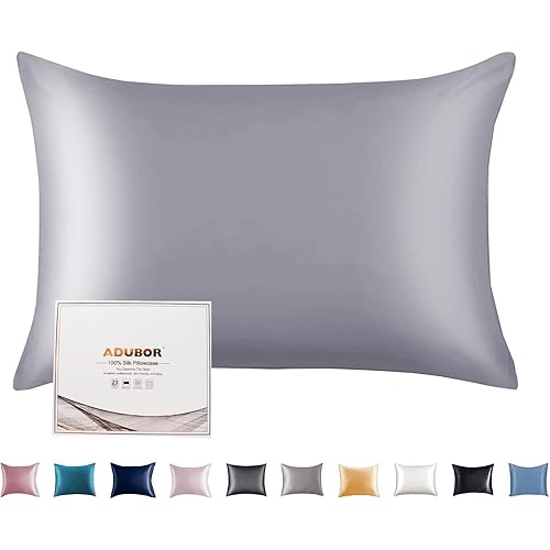 Adubor 100% Mulberry Silk Pillowcase for Hair and Skin with Hidden Zipper, Both Side 23 Momme Silk, 900 Thread Count(20×36inch, King Size, Lilac Grey, 1pc)