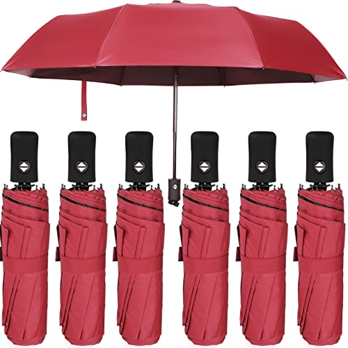 Jexine Paraguas de viaje de 6 piezas, color rojo vino, cierre automático, compacto, resistente al viento, mochila pequeña y ligera, portátil, paraguas plegable para lluvia, hombres y mujeres