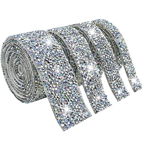 4 Rolls/4 Yards Self Adhesive Crystal Rhinestone Diamond Ribbon, Bling Rhinestones Sticker, Diamond Strips Rhinestones Tapes for Crafts and Arts, Shoes Clothes, Wedding, Decoration (Silver-AB)