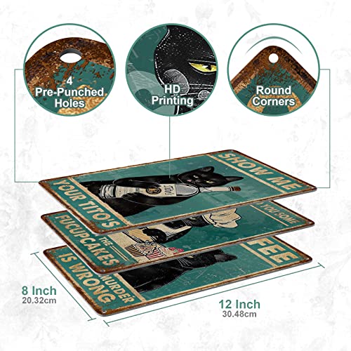 Vintage Funny Black Cat Signs Posters 3 Pack, 8X12" Double Printed Retro Kitchen Wall Decor Home Wall Art, Cat Decor For Cat Lovers Gifts Include Show Me Your Tito's/Coffee Because Murder Is Wrong. #TOP1