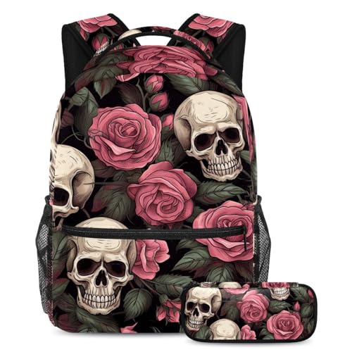 Sac d'école enfants à dos rose et crâne ado fille garçon avec trousse scolaire multicolore
