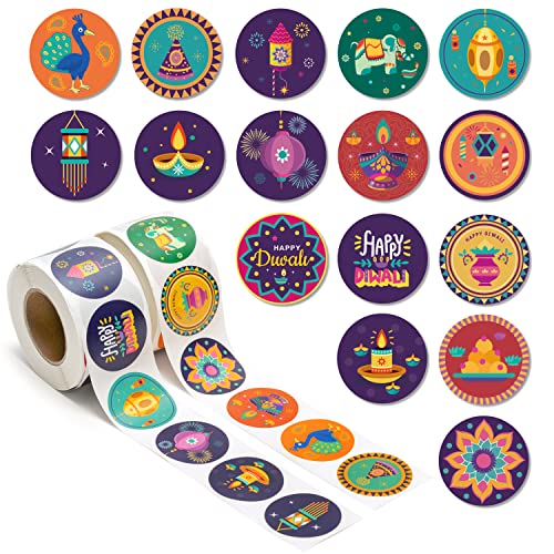 H1vojoxo 1000PCS Diwali Sticker Roll Happy Diwali Stickers for Water Bottle Diwali Decals for Laptop Indian Diwali Stickers for Greeting Card Festival of Lights Stickers for Party Favors