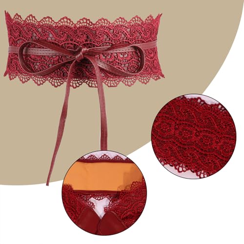 MILAKOO Lace with Leather Obi Belt Women Lace Waist Belt Bow Tie Wrap Bowknot Cinch Wide Belt for Dress3
