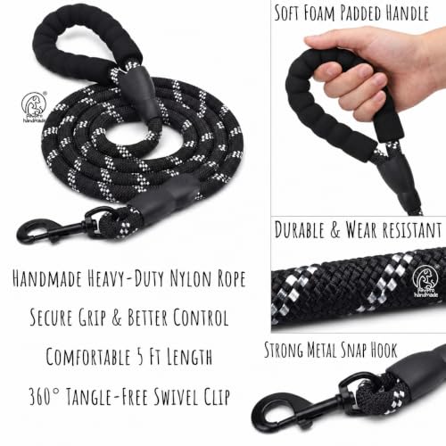 Image of PawPro Handmade Reflective Dog Collar Leash Set with Custom Bone Name Tag, Adjustable Soft Nylon Pet Collar for Medium Dogs, Personalized Reflective Dog Walking Set, 13-21 Inch (Black-Medium)