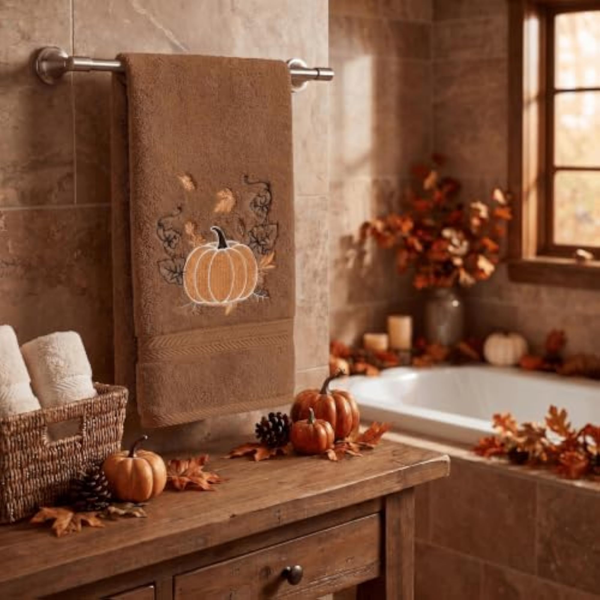 Caramel Pumpkin Embroidered Hand Towels, Fall Decor