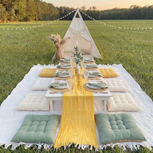 Hillsuren 8 Pcs Fit for 6 People 91 x 71'' Extra Large Outdoor Picnic Blanket with Multicolor Table Runner and Floor Pillow Cushion Fit for 6 People Picnic Wedding Birthday Baby Shower Backyard Decor by Hillsuren - Used condition - Image 6
