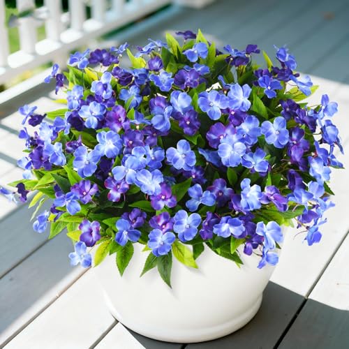 Artificial Impatiens Flowers for Outdoors 6 Bundles Silk Fake Flowers for Spring Summer Decoration UV Resistant Faux Plants Plastic Bouquet for Home Planter Porch Patio Yard Decor(Double Blue)