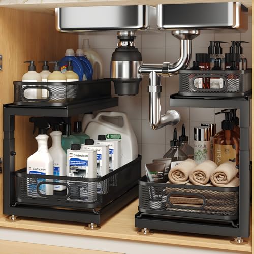 Image of 2-Pack Under Sink Storage Organizer with 2-Tier Slide Out Drawer, Sophisticated Mesh Pull Out Shelf for Kitchen & Bathroom, Fits Small Items, Upgraded Arched Track for Smooth Gliding(Patented)
