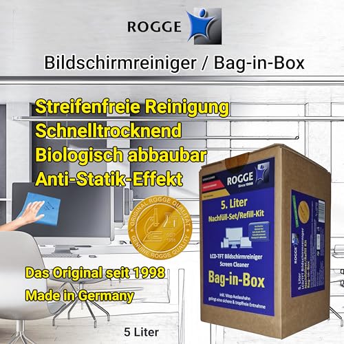 ROGGE Bildschirmreiniger 5 Liter Abfüllsystem. Für alle Sprayflaschen geeignet. Original Reiniger für LED - LCD - TFT - OLED - Plasma - TV Displays Streifenfrei und biologisch abbaubar – Bild 4
