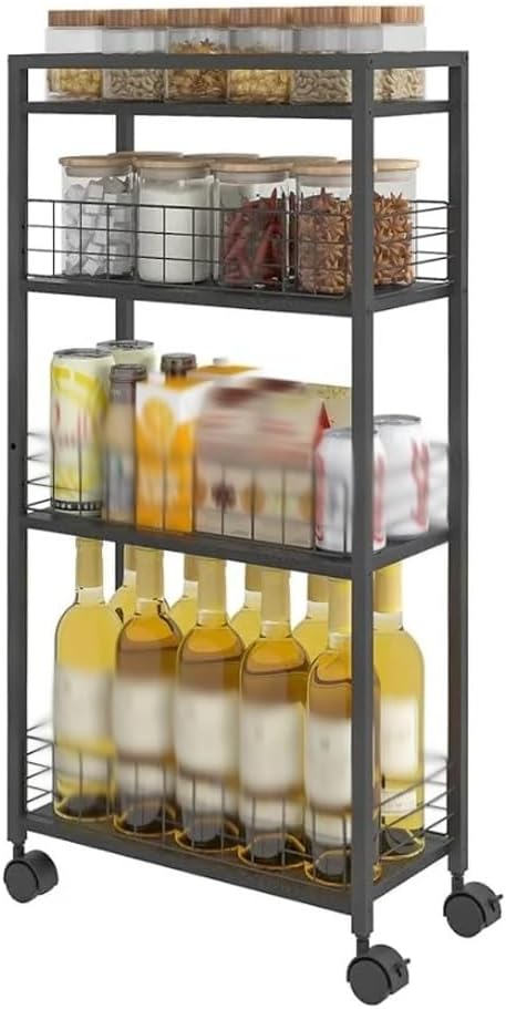 Slim Storage Cart, 4 Tier Kitchen with Wheels Rolling with Top Handle Narrow Laundry