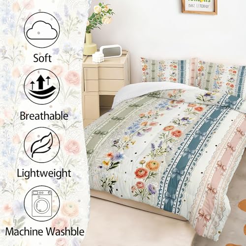Image of AILONEN Colorful Floral Comforter Set Queen Size, Cottagecore Aesthetic Bowknot Bedding with 2 Pillowcases,3Pcs