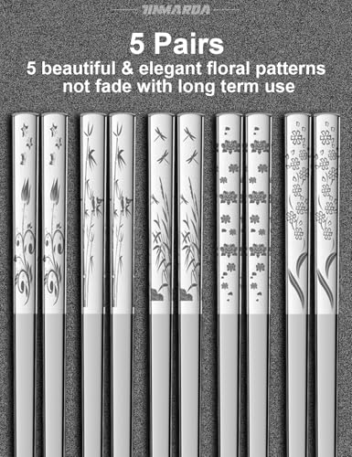 Image of Metal Chopsticks Reusable 18 /8 Stainless Steel Sleek Engraving Patterns Chop Sticks Reusable Dishwasher Safe Non-Slip Chopsticks+Flower Silver 5 Pairs