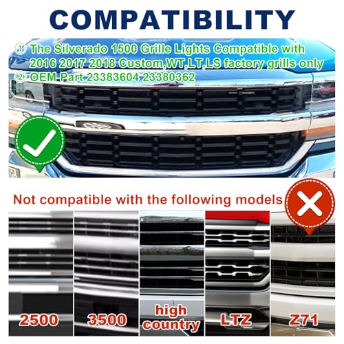 Image of LED Front Grill Lights for 2016 2017 2018 Chevy Silverado 1500 Accessories | Fits Silverado Custom WT LT LS Only Grille Light Bar with adaptor fuse Waterproof smoked lens Bright 6000K Silverado lights