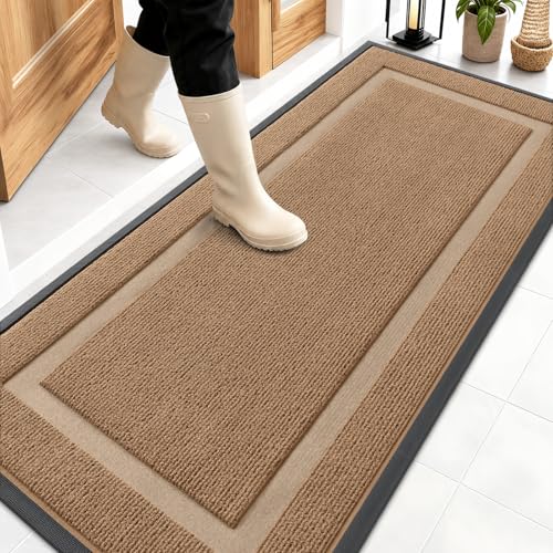 Image of OLANLY Front Door Mat Indoor Outdoor Entrance, Waterproof All-Season, All-Weather Doormat, Sturdy Natural Rubber, Fade Resistant, Low Profile, Easy Clean Patio Porch Entryway Mat, 59x23, Light Borwn