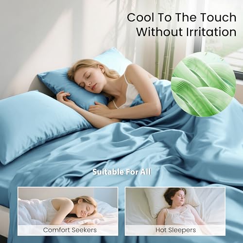 Image of Love's cabin 4 Piece King Size Sheet Set, 100% Rayon Derived from Bamboo, Cooling & Breathable, Soft Silky Deep Pocket up to 16 inch, Hotel Luxury Bedding for Hot Sleepers, Aqua