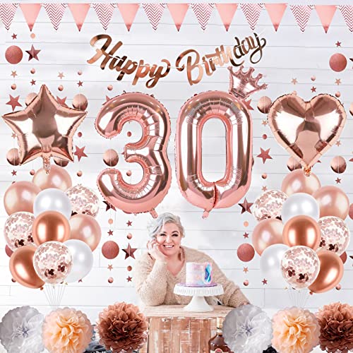 Image of 30th Birthday Decorations for Women, Rose Gold Number 30 Birthday Foil Balloons, 30th Birthday Banner Circle Dot Bunting Garland with Pom Poms for 30 Year Old Birthday Gift Party Decoration Supplies