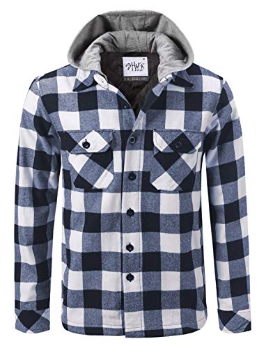 Image of Shaka Wear Men's Plaid Shirts - Flannel Hooded Long Sleeve Casual Button Up Fleece Soft Quilted Lined Hoodie Jacket FFJ0103 Wht /Navy 5X