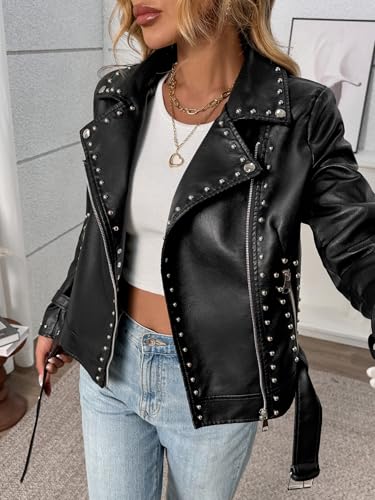 LY VAREY LIN Studded Faux Leather Moto Jacket Women Black PU Biker Coat with Rivets Punk Style3