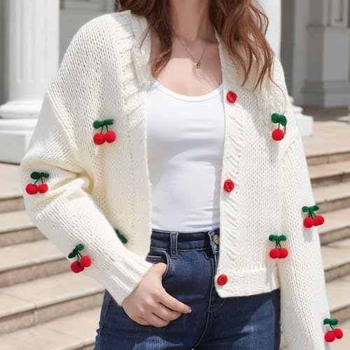 Image of FindThy Women's Kawaii Strawberry Embroidered Cardigan Long Sleeve V Neck Chunky Knitted Cardigans Tops