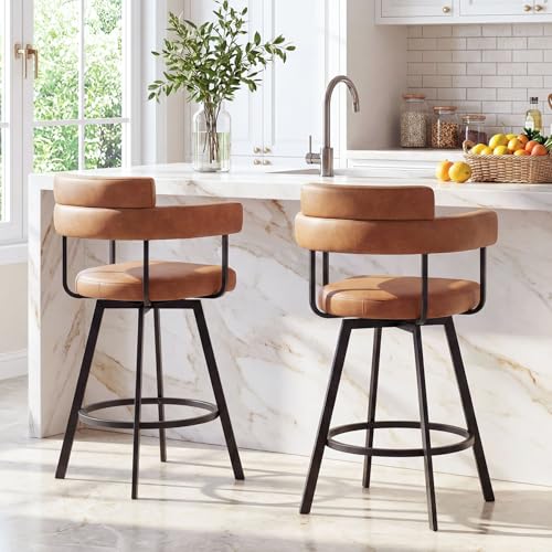 Butacos giratorios de estilo mid-century modern, altura de barra (26 pulgadas), cuero sintético marrón, respaldo abierto envolvente, patas metálicas, pedal anular, para isla de cocina y bar en casa — Set de 2