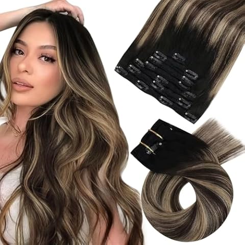 Moresoo Clip in Hair Extensions Human Hair Balayage Black to Brown with Caramel Blonde 5pcs+7pcs Total 200g 20inch bundle Cover