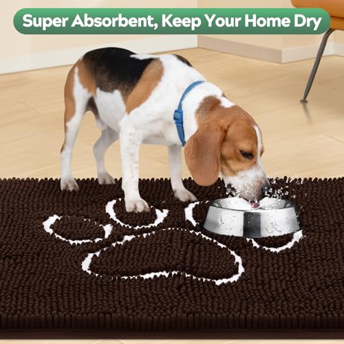 Dog Door Mat for Muddy Paws, Pet Rug Chenille Absorbent Outdoor Doormat 36"x 24", Non Slip Heavy Indoor Doormat Soft Front Inside Doormats for Entryway, Mud Paws, Patio,Dog Paw Brown