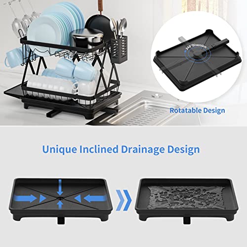 VOGWOLTH 2 Tier Collapsible Dish Drying Rack with Drainboard for Kitchen Counter Plate Holder Dishes Drainer Dryer Dishrack Dry Stand Folding Countertop Organizer Accessories