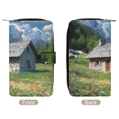 Mountain Cabin View Women's Long Wallets Leather Card Holder Purse Zippered Buckle Clutch Handbag3