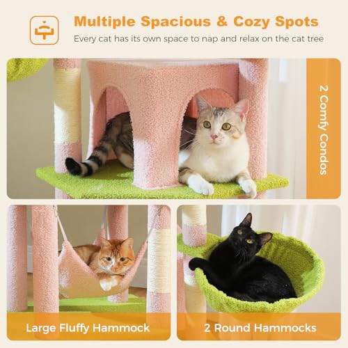 Image of MUTTROS 71.2 inch Large Cat Tree for Multi-Cat Households - Heavy-Duty 9-Level Cat Tower w /5 Sisal Scratching Posts, 2 Condos, 3 Hammocks, Extra-Large Perch & Pompoms - Space-Saving, Pink