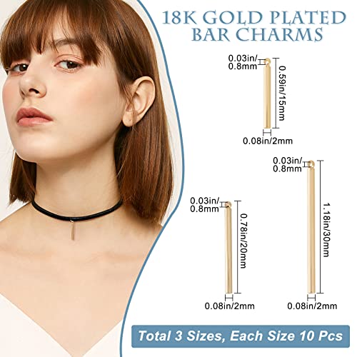 18K Gold Plated Vertical Bar Charms - 30Pcs in 3 Sizes (Beebeecraft)