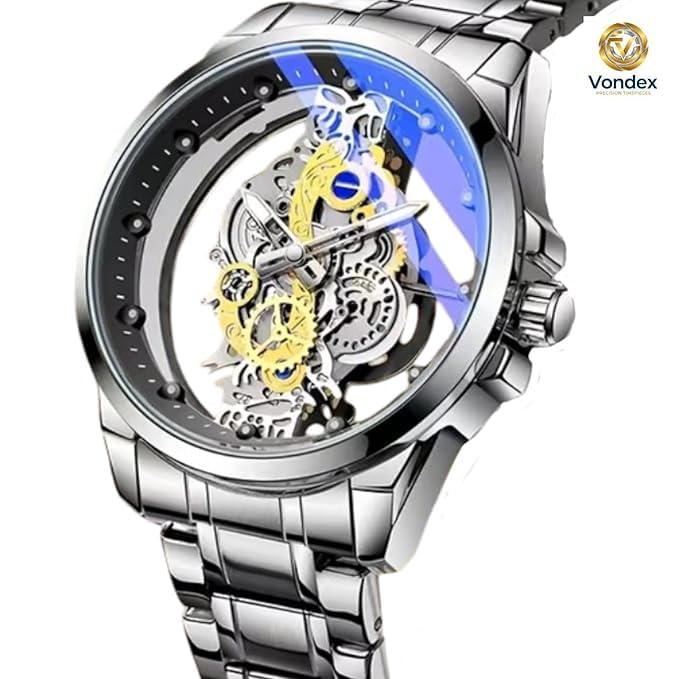 Image of Rick Automatic Skeleton Watch for Men, Mechanical Movement, Stainless Steel Strap, Transparent Dial, Premium Luxury Wrist Watch for Party & Formal Wear (Ice Silver)
