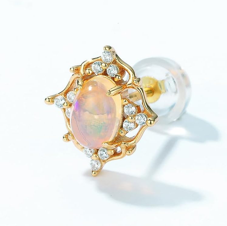 14K Solid Gold over S925 Round/Oval Shaped Opal Stud Earrings, Elegant October Birthstone Earrings for Women, Hypoallergenic Jewelry Accessory, Exquisite Pieces for Daily Wear - Image 2