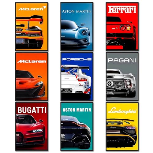 9 pièces Auto Poster SuperCar Poster Toile Art Impression Supercars Art Mural pour Garçons et Hommes Art Mural de Course pour Bureau, Chambre, Salon,...