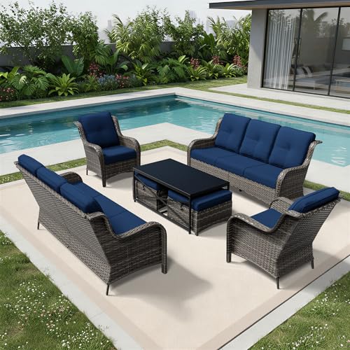 Image of Joyside 7 Piece Wicker Patio Furniture Set, Rattan Patio Chairs with High Back, Deep Seating, Wide Armrest, Thickened Cushions, Outdoor Furniture for Deck, Porch Use