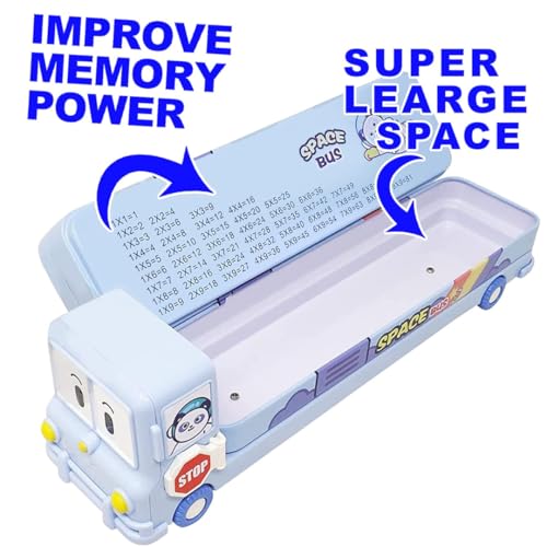 Image of Storio Bus Shape Pencil Box School Bus Metal Geometry Box for Kids Magic Bus with Moving Tyres with 3 Compartments Moving Tyre's & Sharpener Geometry Case for Boys & Girls - Space, Blue