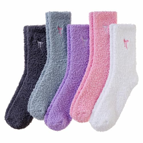 Image of Eocom Fuzzy Socks for Womens Warm Fluffy Winter Cozy Thick Plush Slipper Sleep Comfy Crew Christmas Socks 5 Pairs
