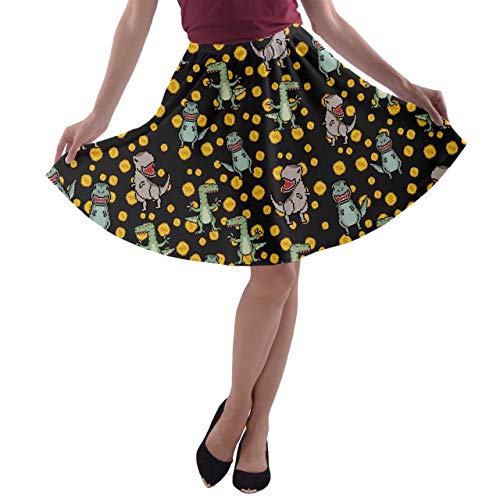CowCow Womens Pixeled Dinosaur Pattern T Rex A Line Skater Skirt - M Black Gray