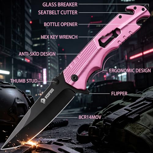 Image of NedFoss FA48 Pink Pocket Knife for Women, 5-in-1 Tactical Knife with Clip | Lightweight Aluminum Handle, Glass Breaker, Seatbelt Cutter, Bottle Opener, Pink Knife for Car Emergency Camping EDC Utility