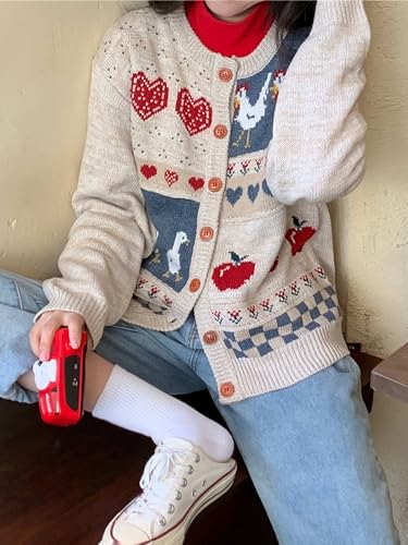 Women’s Cute Contrast Jacquard Cardigan Long Sleeve Button Down Crew Neck Kawaii Preppy Style Cardigan Sweater2