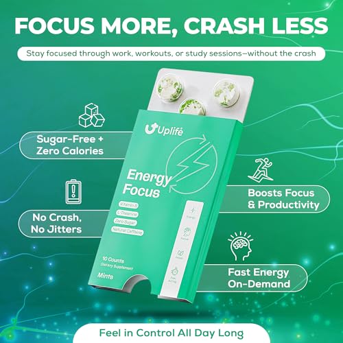 Image of UPLIFE Energy and Focus Mint 10 Pcs - Made in USA - 40mg Natural Caffeine + 80mg L-Theanine + Niacin Vitamin B3 & B12 - Sugar-Free, Vegan - Natural Caffeine Mint Coffee Alternative - Peppermint
