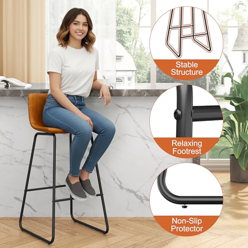 Image of REONEY Bar Stools Set of 4, 30 inch PU Leather Counter Height Barstools, Brown