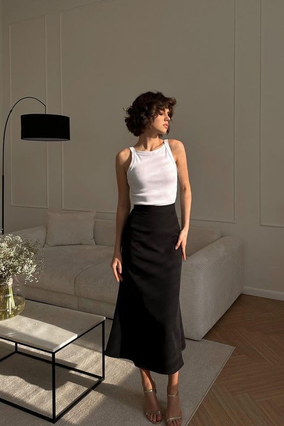 HOTOUCH Womens Midi Skirt High Waisted Solid Satin Dress Zipper Elegant Work Skirts - Image 5