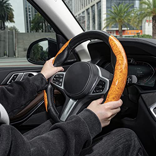 Image of Amiss Car Wood Grain Steering Wheel Cover, Car Interior Accessories, 2PCS Segmented & Butterfly Design, Universal 99% Vehicle Wheel Cover Protector (Yellow)