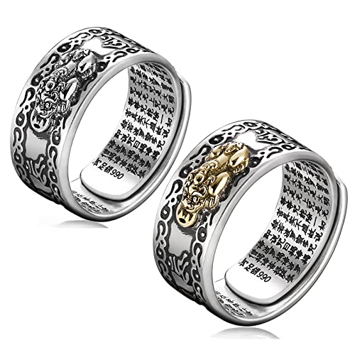 Kucheed Feng Shui PiXiu Bague, Réglable Mantra Bagues pour Hommes Femmes,Sutra MANI Amulette Gravée Protection Richesse Amour Prospérité,Rétro Bouddha...