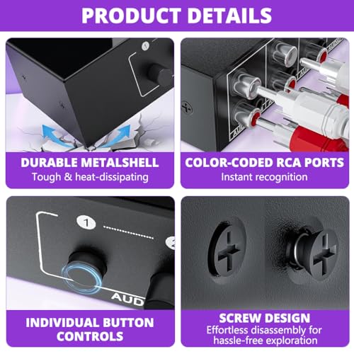 Image of ZORBES 4-Port Audio Switch Box, 4-in-1 Out RCA & 3.5mm Stereo Audio Selector, Aluminum Passive Audio Switcher for Speakers, Audio Devices & Headphones, 15x10x4.8cm