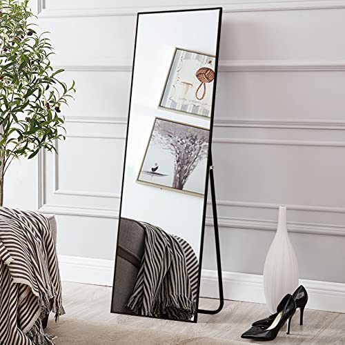 Image of NeuType 59 inchx16 inch Full Length Mirror with Standing Holder Aluminum Alloy Frame Floor Mirror Wall-Mounted Mirror for Living Room, Bedroom, Hanging or Leaning Against Wall, Black (with Stand)