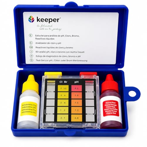 Keeper Test Kit cloro y pH piscina y spa. Medidor manual con reactivos líquidos OTO y Phenol Red. Análisis rápido y preciso del agua. Kit completo con tubo medidor doble y frascos de 20 ml