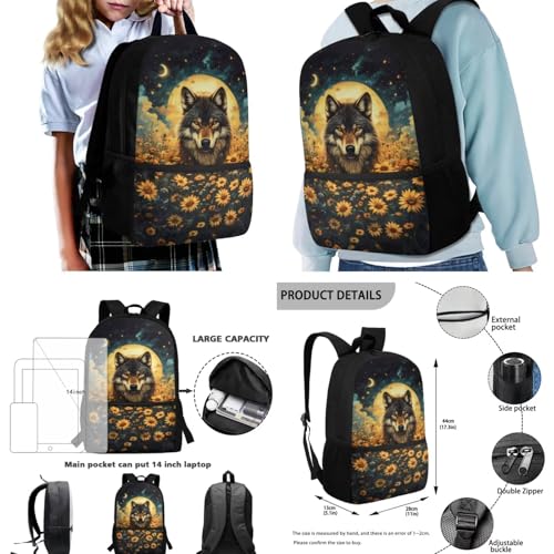 Wolf Sunflower Girls Backpack 4PCS Large Capacity Bookbags Set for Kids Elementary Middle, Travel Bag for Childs with Lunch Box Pencil Case Water Bottle Sleeve 17 Inch for Teens3