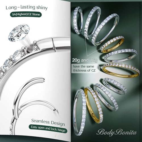 BodyBonita CZ Nose Rings Hoop - 316L Surgical Steel Body Piercing Hoop Clicker 20/18/16G Earrings Jewelry Cartilage Helix Rook Tragus Conch Daith Ring 6/7/8/9/10/11/12mm - Gold Plated/Silver/Black4